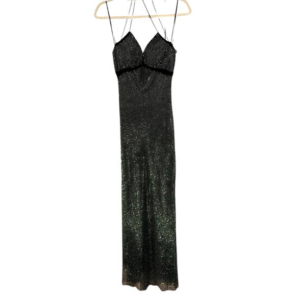 Crystal Doll M Vintage 90's Fishnet RHINESTONE Strappy Gown Bodycon Dress Black - Picture 2 of 10